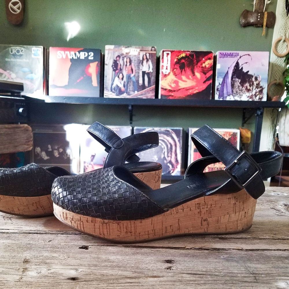 Black Woven Leather Platform Cork Sandal